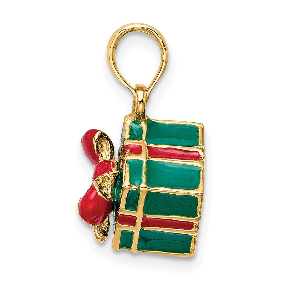 14k Yellow Gold 3-D w/Enamel Green Gift Box w/Red Bow Charm