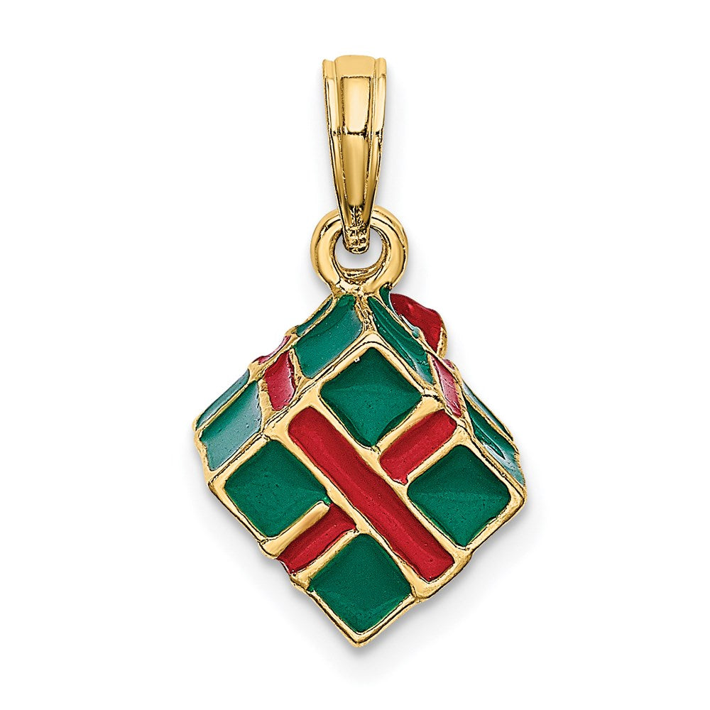 14k Yellow Gold 3-D w/Enamel Green Gift Box w/Red Bow Charm