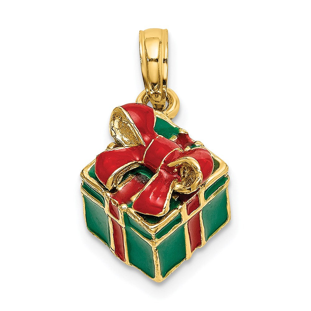 14k Yellow Gold 3-D w/Enamel Green Gift Box w/Red Bow Charm