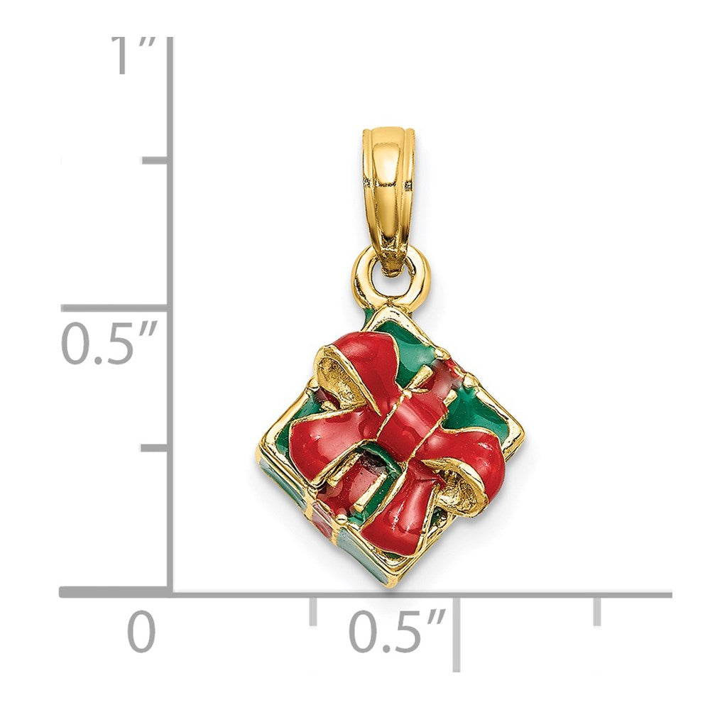 14k Yellow Gold 3-D w/Enamel Green Gift Box w/Red Bow Charm