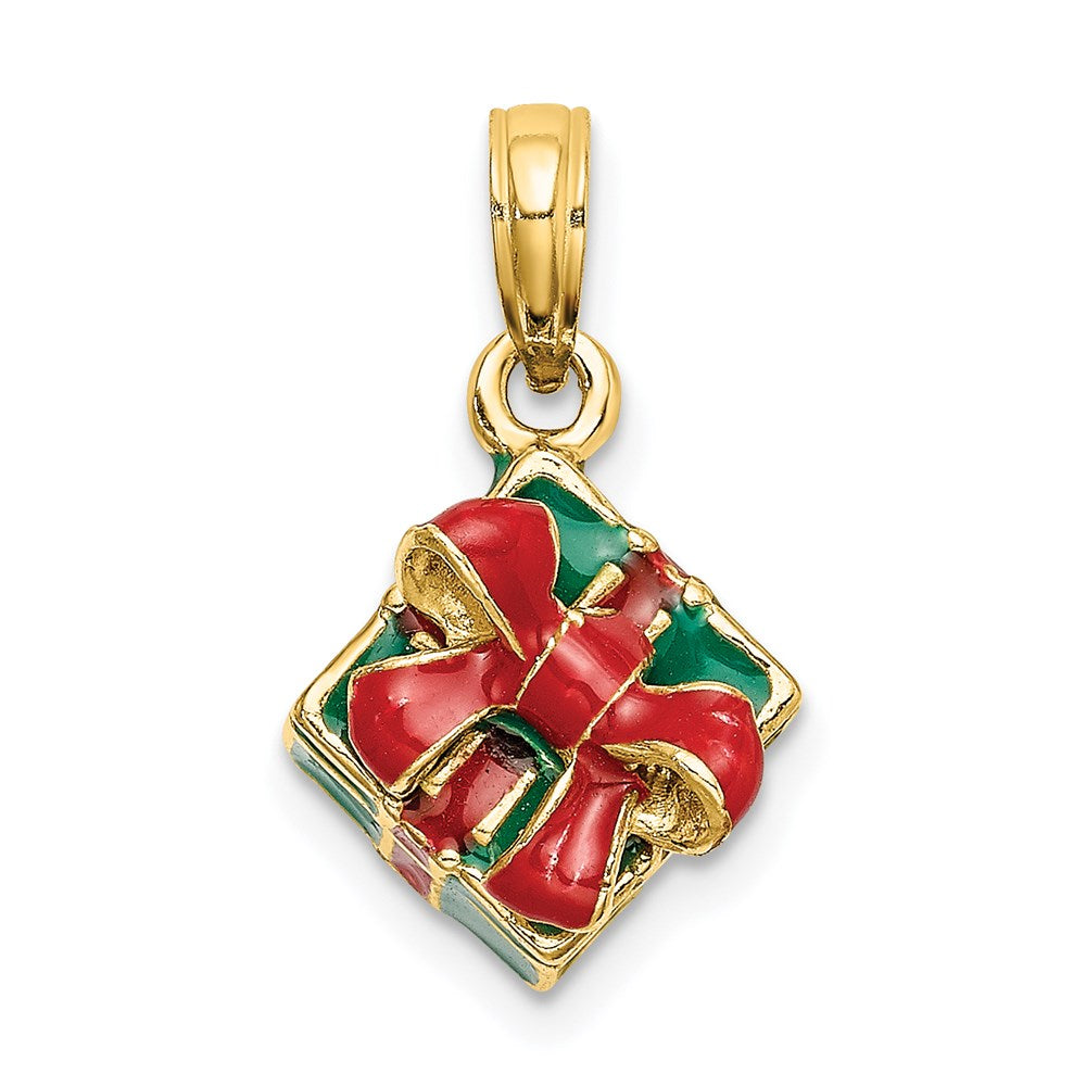 14k Yellow Gold 3-D w/Enamel Green Gift Box w/Red Bow Charm