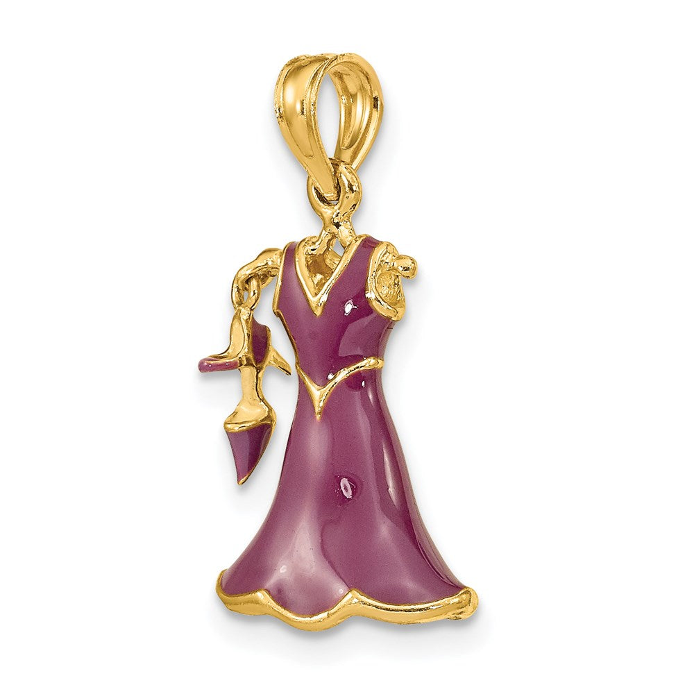 14k Yellow Gold 3-D Moveable Enamel Purple Dress w/Shoe Charm