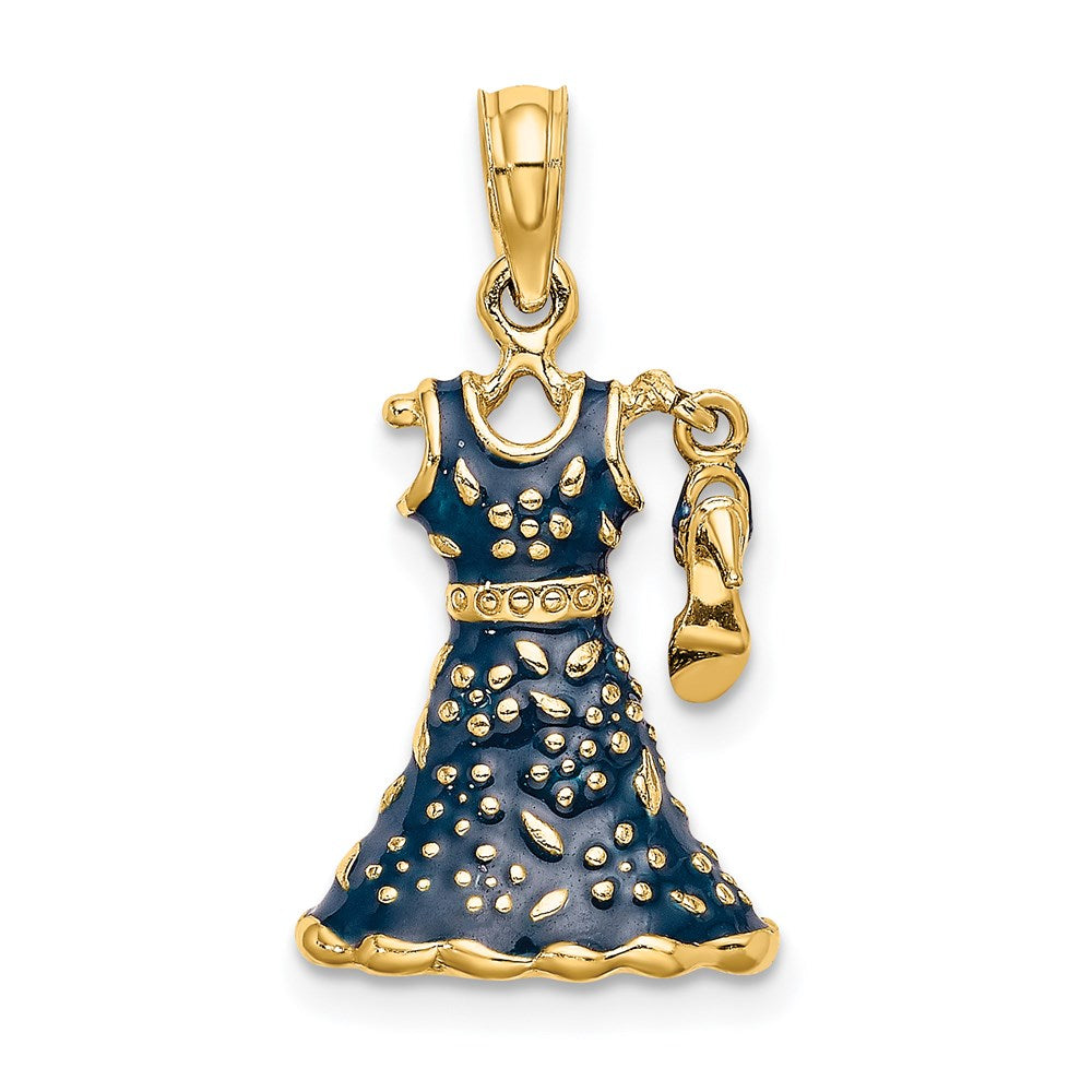 14k Yellow Gold 3-D Moveable Enamel Blue Floral Dress w/ Shoe Charm