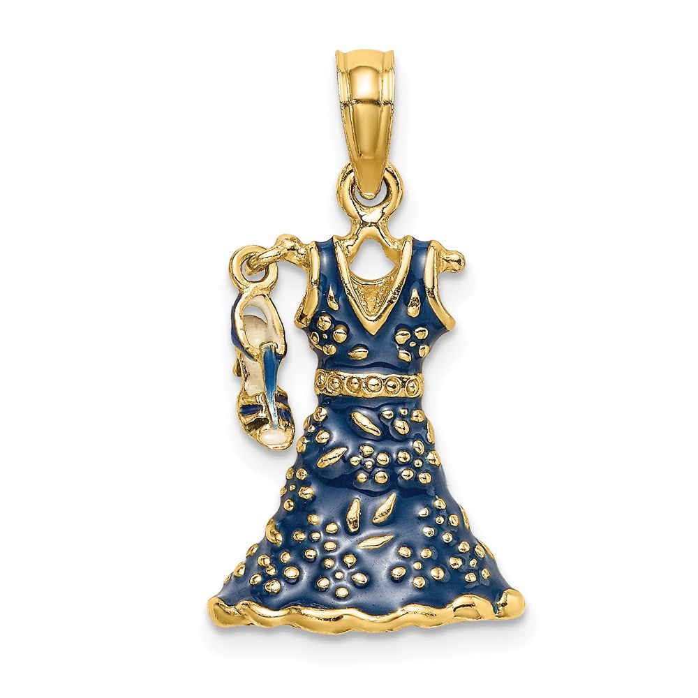 14k Yellow Gold 3-D Moveable Enamel Blue Floral Dress w/ Shoe Charm