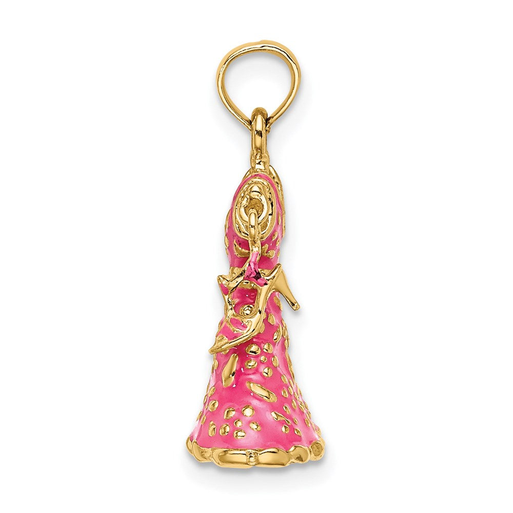 14k Yellow Gold 3-D Moveable Enamel Pink Floral Dress w/ Shoe Charm