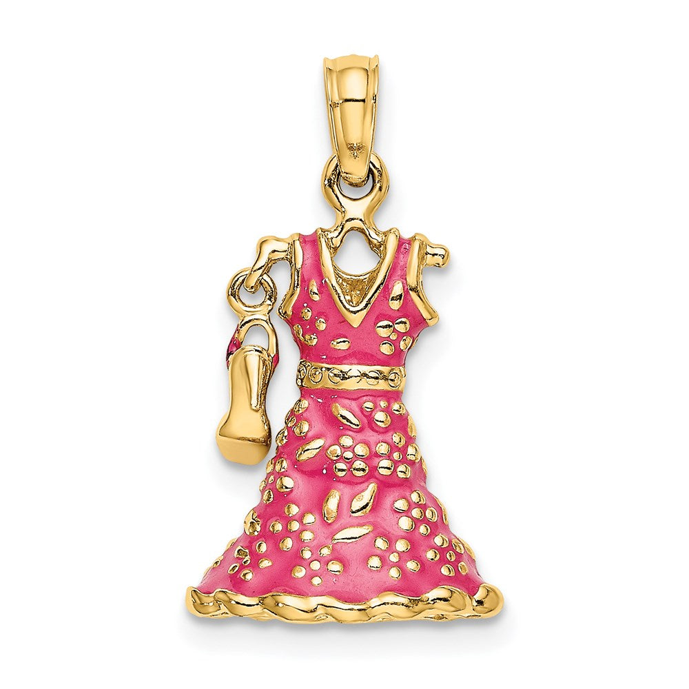 14k Yellow Gold 3-D Moveable Enamel Pink Floral Dress w/ Shoe Charm