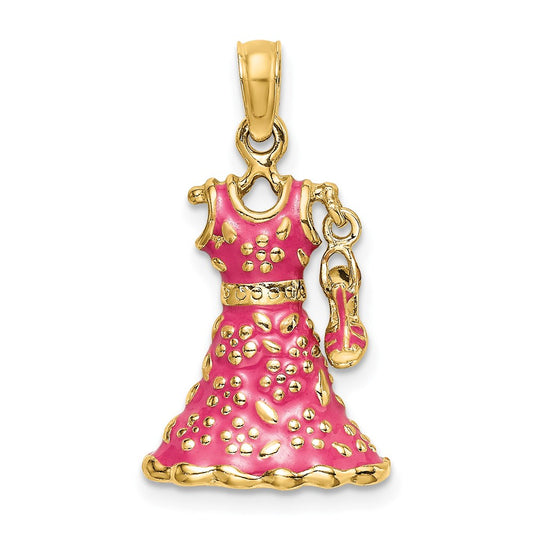 14k Yellow Gold 3-D Moveable Enamel Pink Floral Dress w/ Shoe Charm