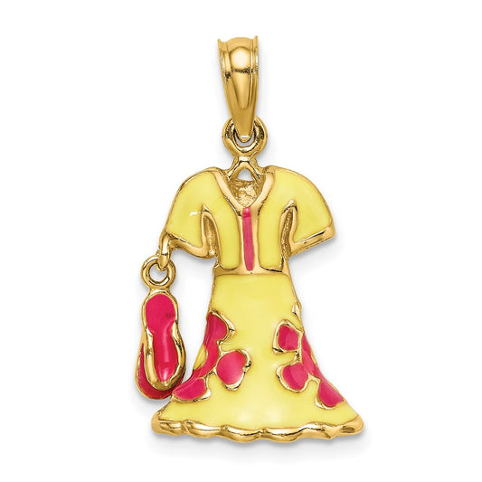 14k Yellow Gold 3-D Moveable Enamel Yellow Dress w/Flip-Flop Charm