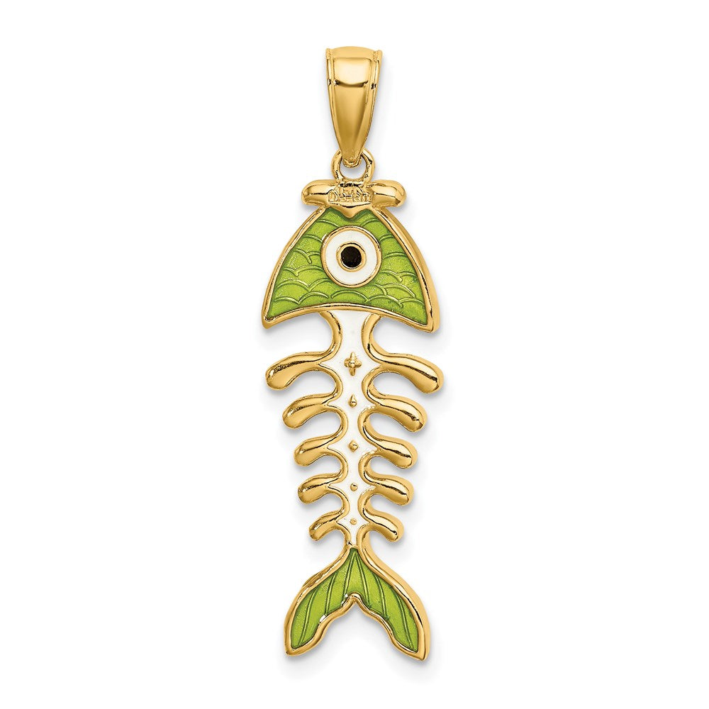 14k Yellow Gold 3D  Green Enamel Fish Bone Charm