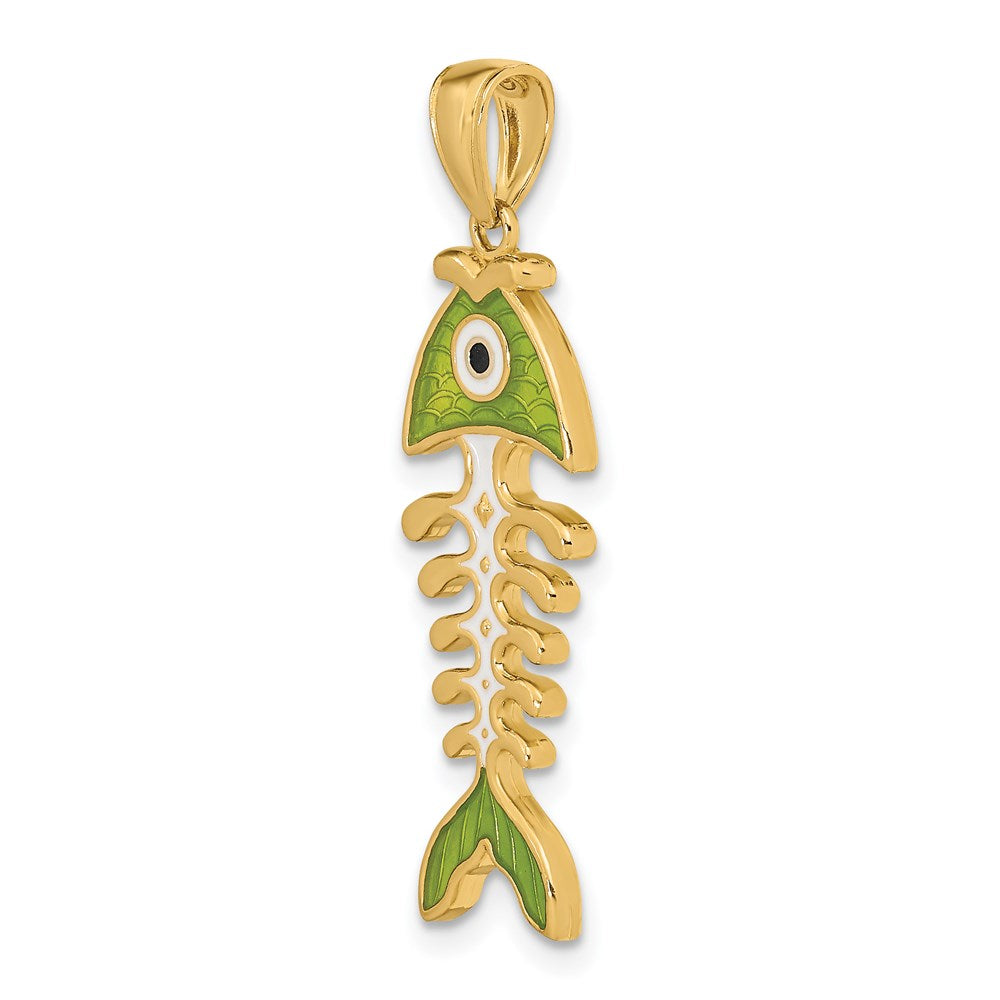 14k Yellow Gold 3D  Green Enamel Fish Bone Charm