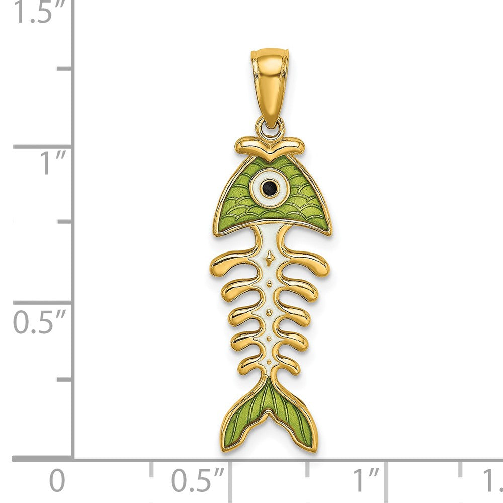 14k Yellow Gold 3D  Green Enamel Fish Bone Charm