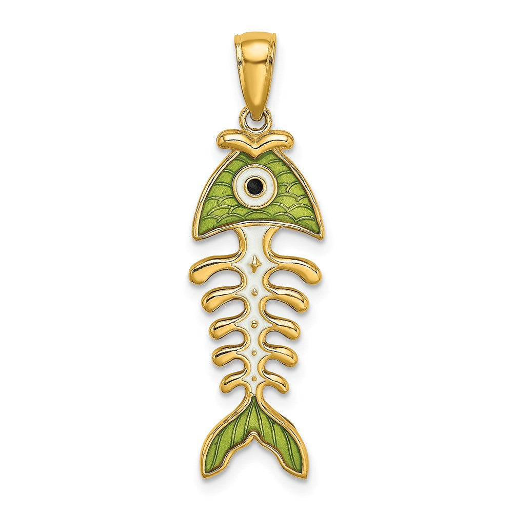 14k Yellow Gold 3D  Green Enamel Fish Bone Charm