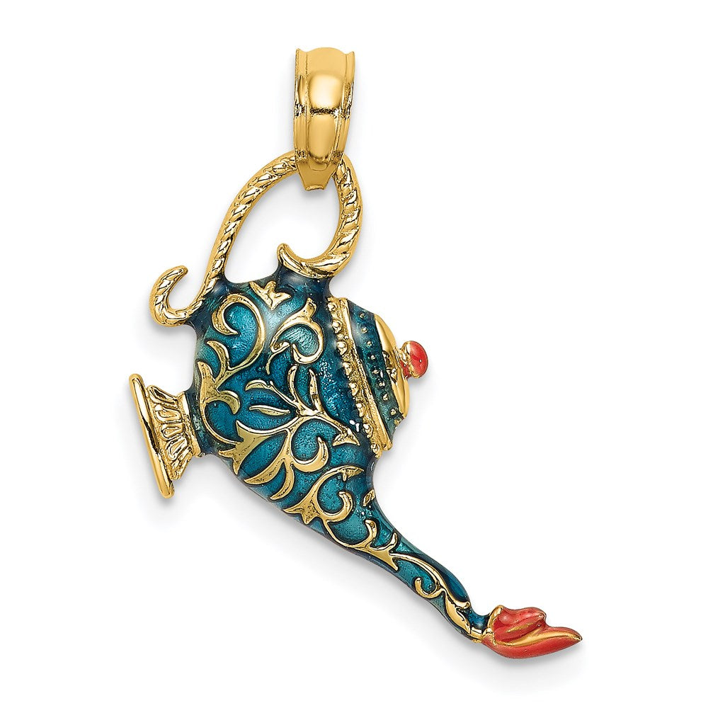 14k Yellow Gold w/ Enamel 3-D Textured Blue Genie Lamp Charm