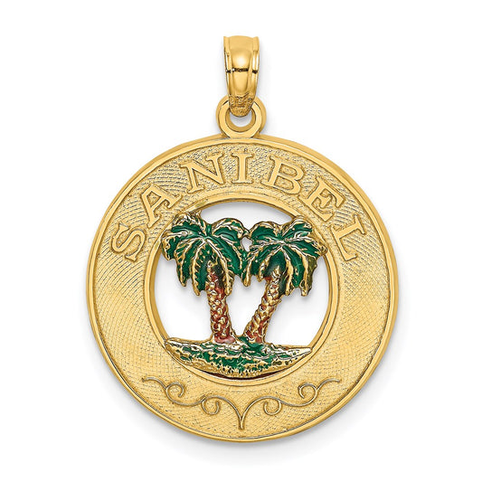 14k Yellow Gold SANIBEL Circle w/ Enameled Palm Tree Charm