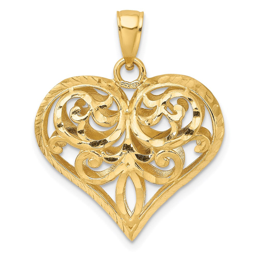 14k Yellow Gold 3-D Diamond-cut Filigree Puffed Heart Charm