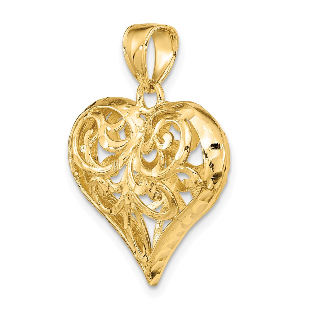 14k Yellow Gold 3-D Diamond-cut Filigree Puffed Heart Charm