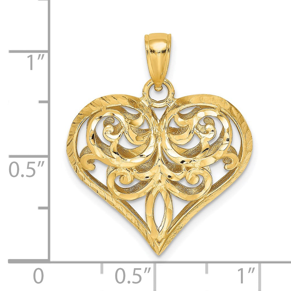 14k Yellow Gold 3-D Diamond-cut Filigree Puffed Heart Charm