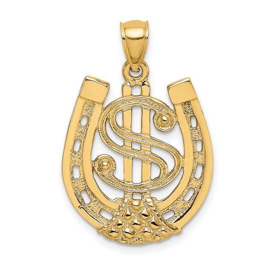 14k Yellow Gold Dollar Sign In Horseshoe Charm