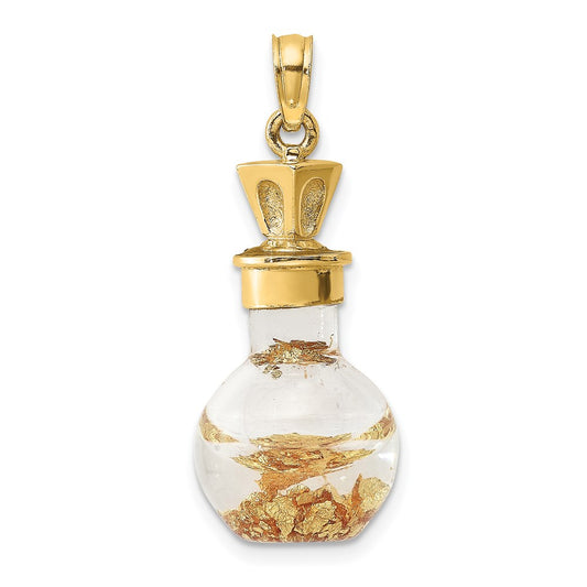 14k Yellow Gold 3-D Gold Leaf In Bottle Charm