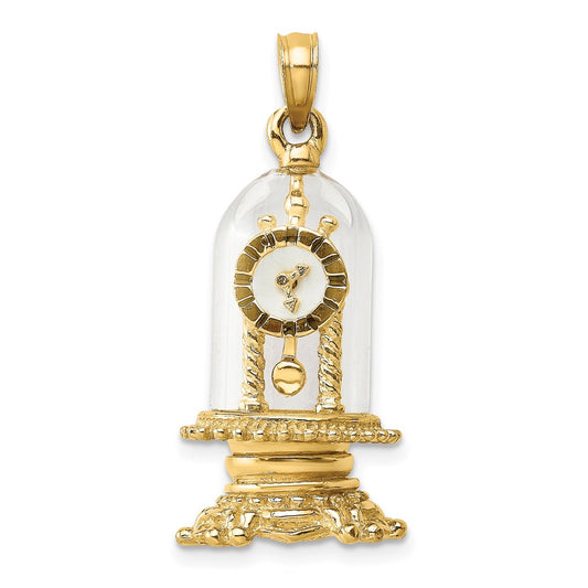 14k Yellow Gold w/ Enamel 3-D Moveable Clock In Glass Dome Charm