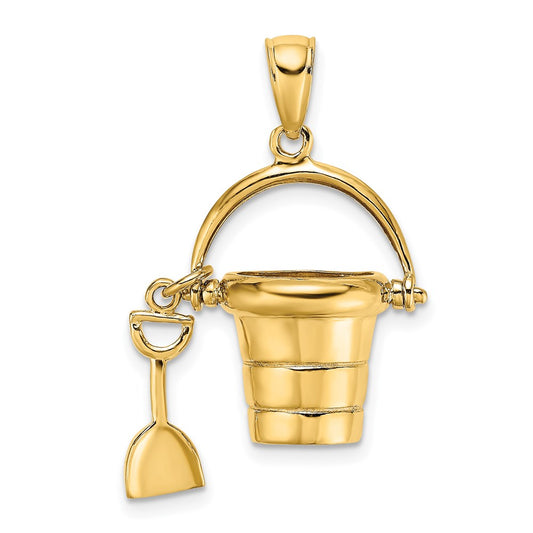 14k Yellow Gold 3-D Moveable Beach Bucket W/ Shovel Charm