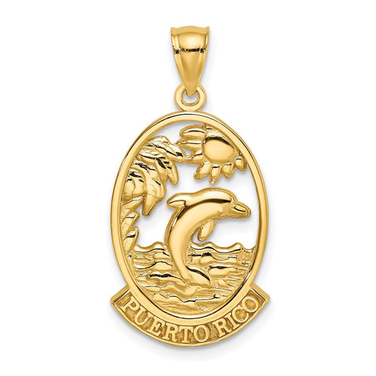 14k Yellow Gold PUERTO RICO w/ Dolphin Sunset Scene Charm