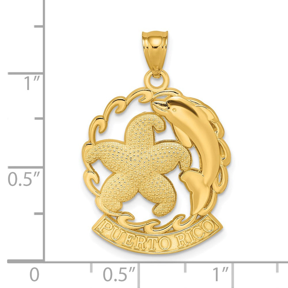 14k Yellow Gold PUERTO RICO Starfish and Dolphin In Wave Charm