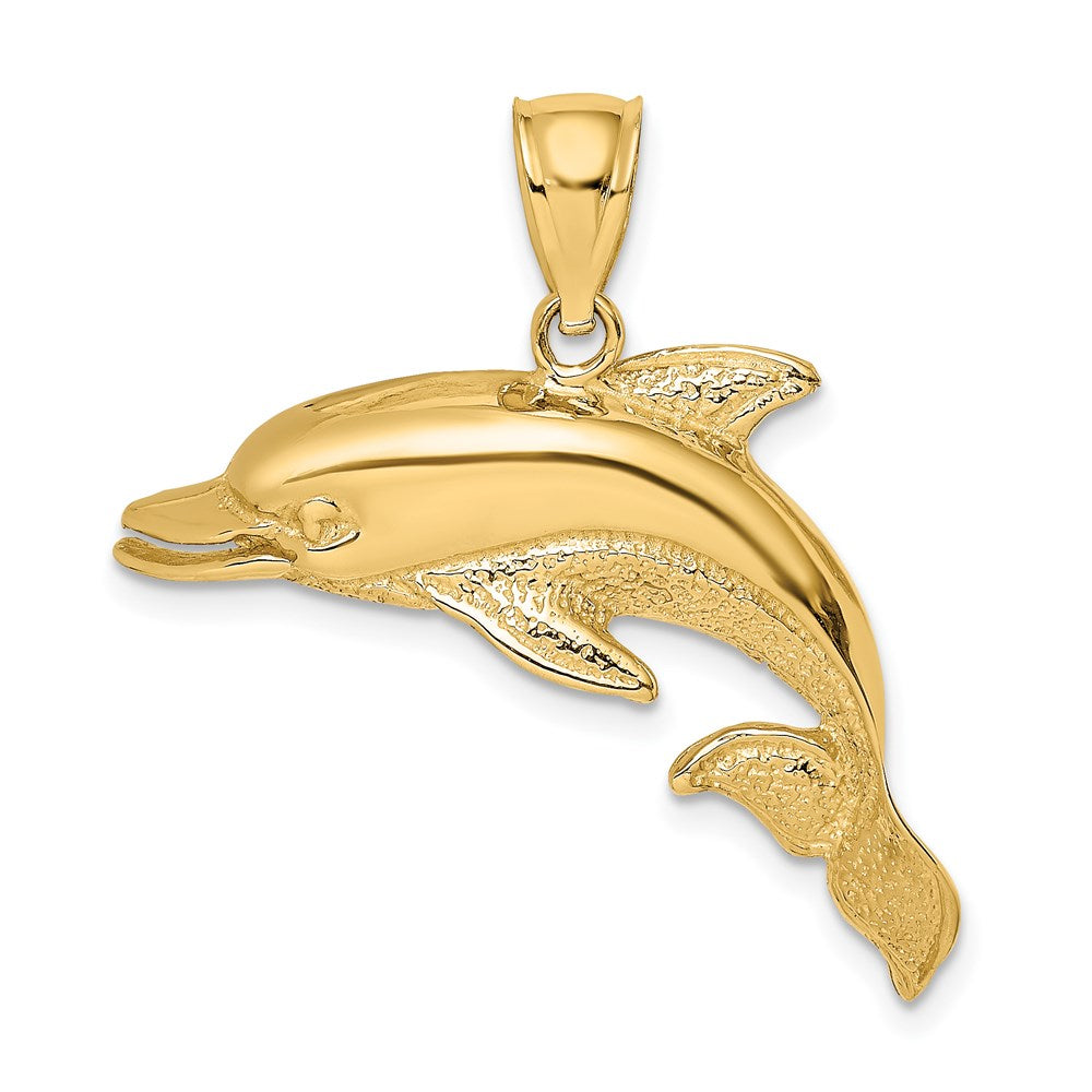 14k Yellow Gold Polished and Textrued Open Mouth Dolphin Charm