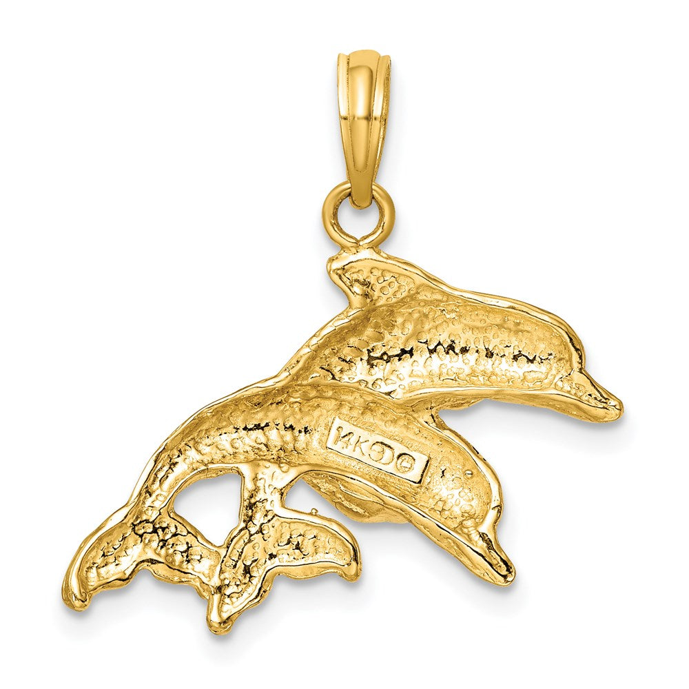 14k Yellow Gold 2-D Polished /Engraved Double Dolphins Charm