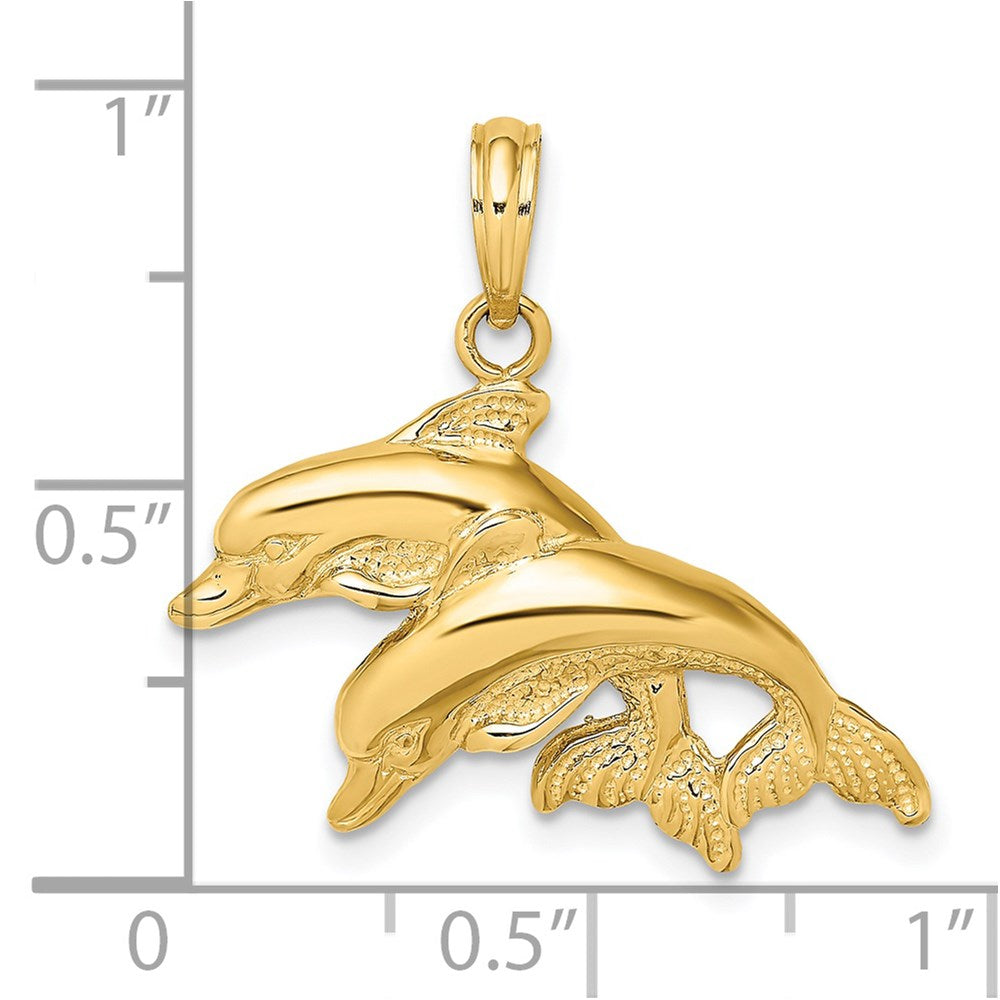 14k Yellow Gold 2-D Polished /Engraved Double Dolphins Charm