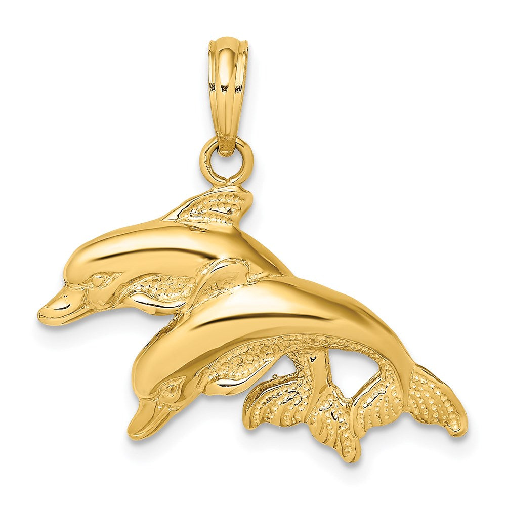 14k Yellow Gold 2-D Polished /Engraved Double Dolphins Charm