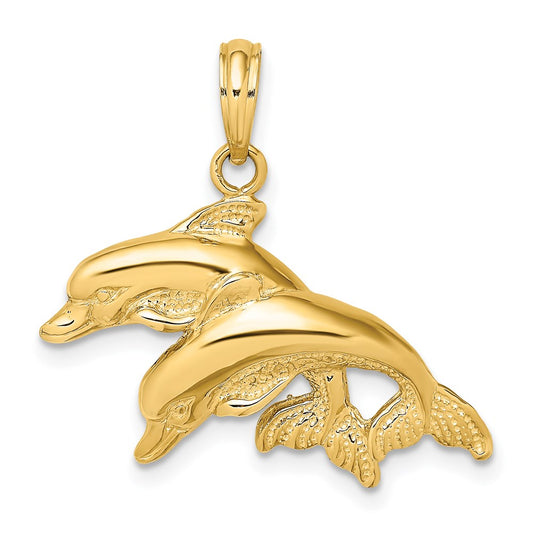 14k Yellow Gold 2-D Polished /Engraved Double Dolphins Charm