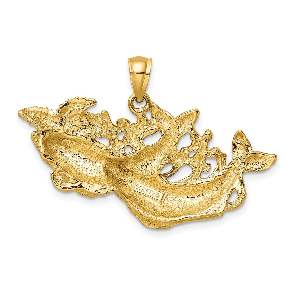 14k Yellow Gold Polished and Textured Dolphins Swimming w/Starfish Pendant