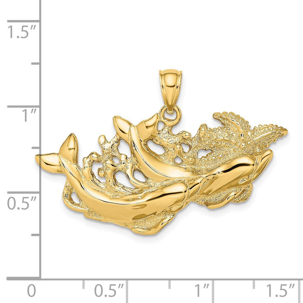 14k Yellow Gold Polished and Textured Dolphins Swimming w/Starfish Pendant