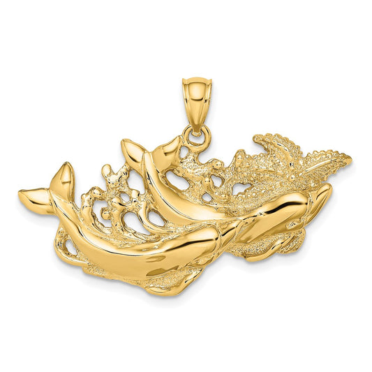 14k Yellow Gold Polished and Textured Dolphins Swimming w/Starfish Pendant