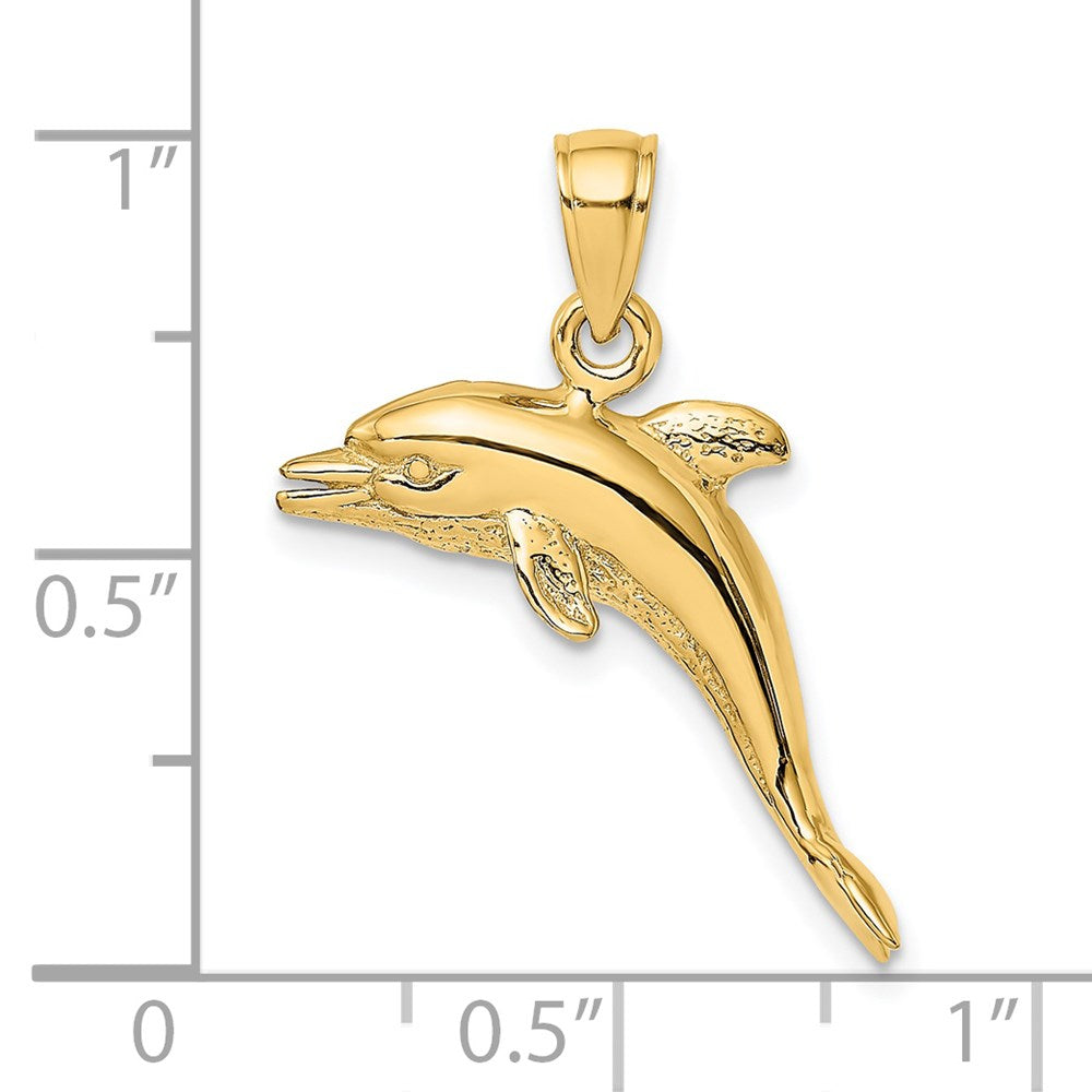 14k Yellow Gold 3-D Polished and Textured Jumping Dolphin Charm