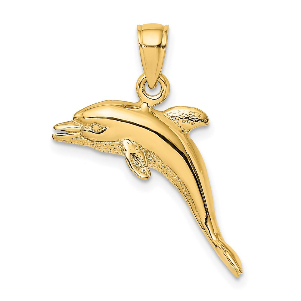 14k Yellow Gold 3-D Polished and Textured Jumping Dolphin Charm