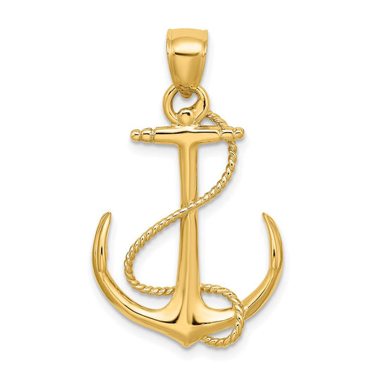 14k Yellow Gold 3-D Polished and Textured Anchor w/Rope Charm