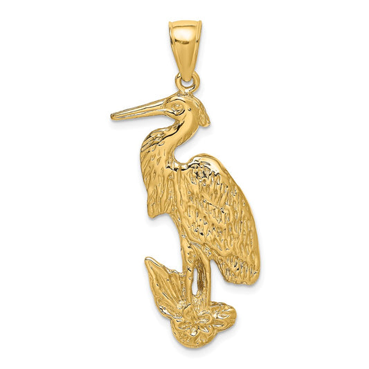 14k Yellow Gold Textured Standing Egret Bird Charm