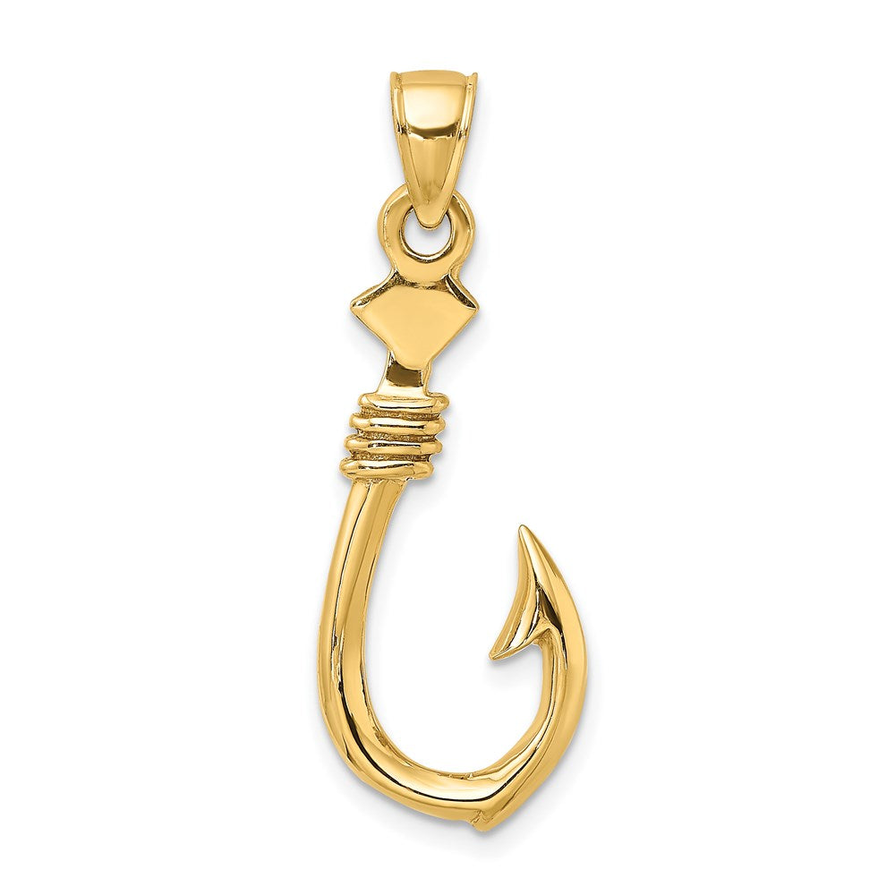 14k Yellow Gold 3-D Large Fish Hook with Rope Charm