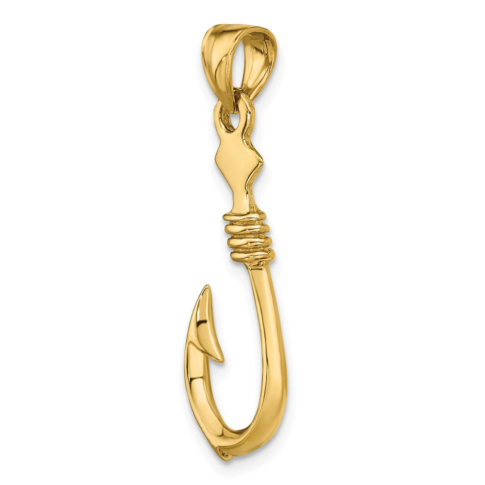 14k Yellow Gold 3-D Large Fish Hook with Rope Charm