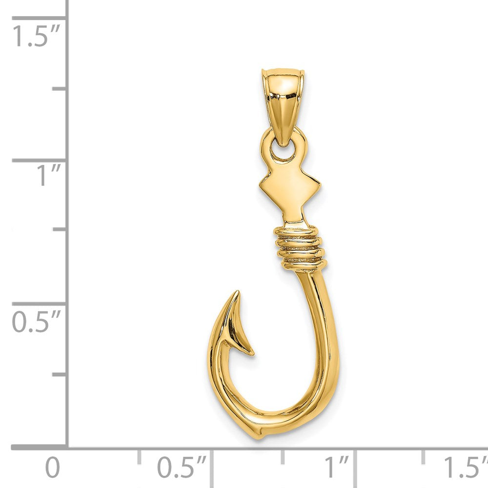 14k Yellow Gold 3-D Large Fish Hook with Rope Charm