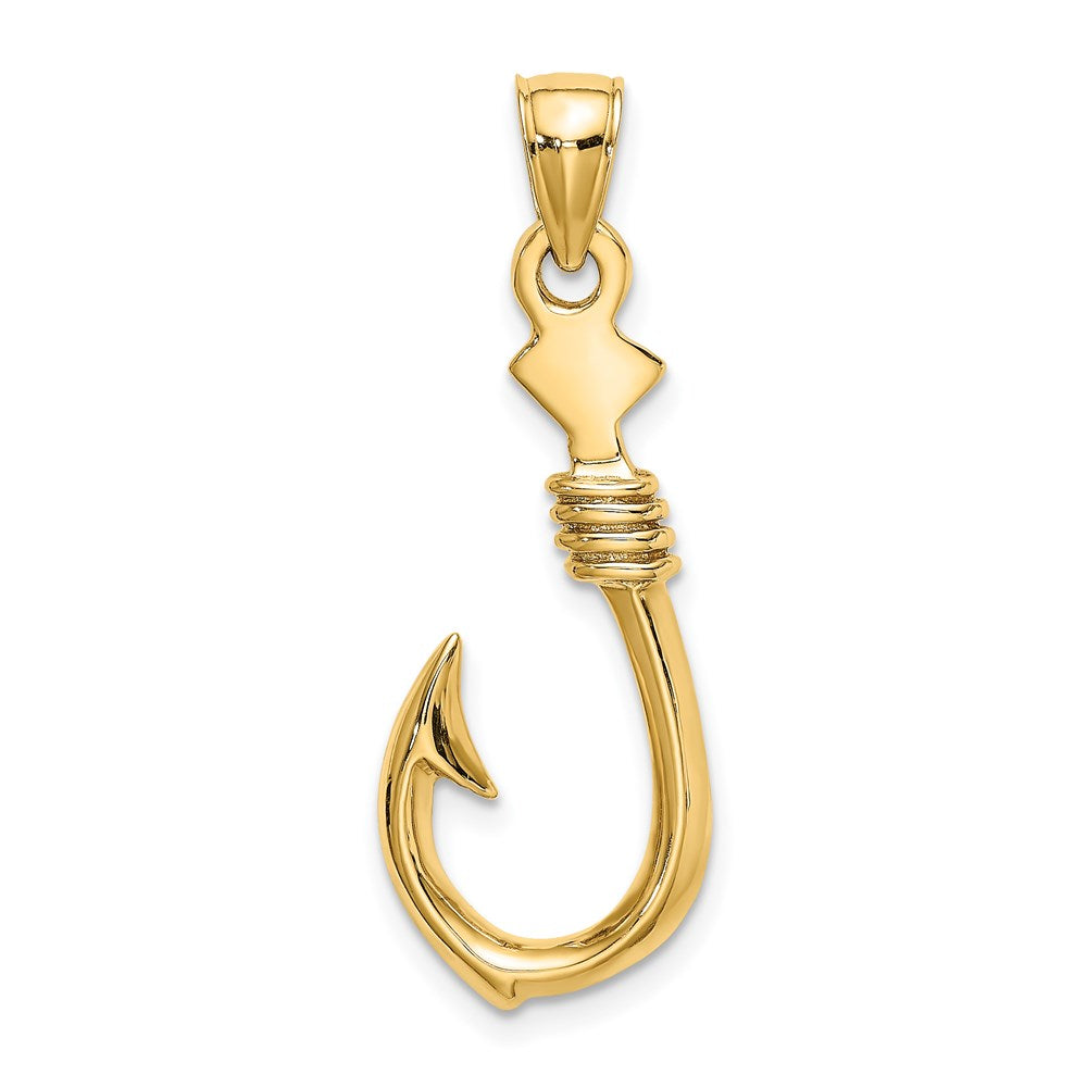 14k Yellow Gold 3-D Large Fish Hook with Rope Charm