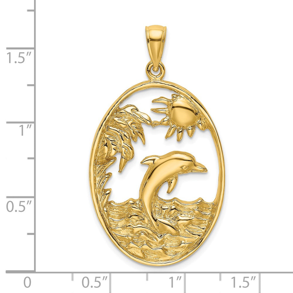 14k Yellow Gold Dolphin Jumping in Ocean Scene Charm