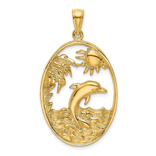 14k Yellow Gold Dolphin Jumping in Ocean Scene Charm