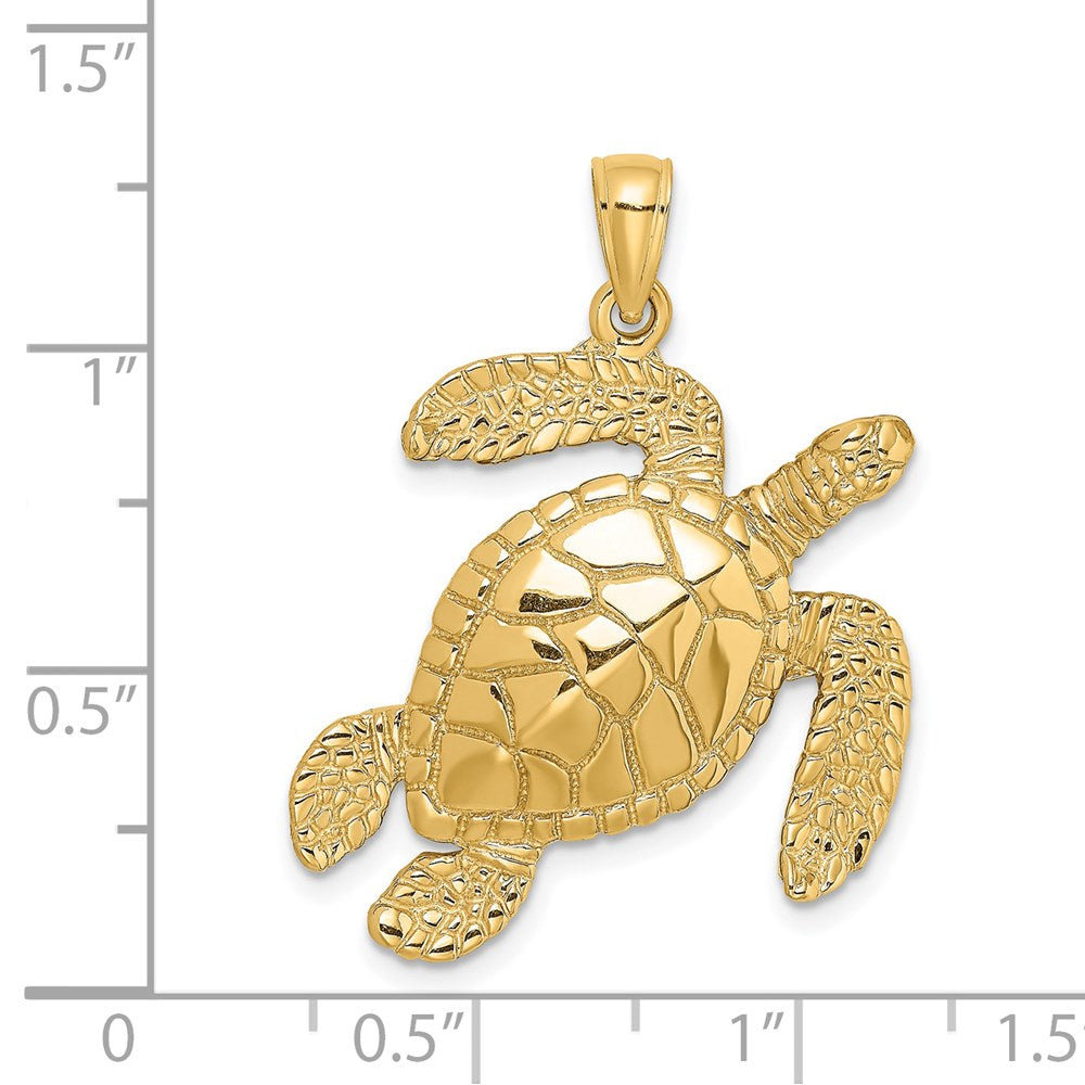 14k Yellow Gold Large Textured Swimming Sea Turtle Charm