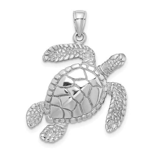 14k White Gold Large Textured Swimming Sea Turtle Charm