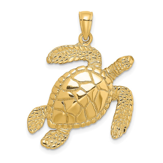 14k Yellow Gold Large Textured Swimming Sea Turtle Charm