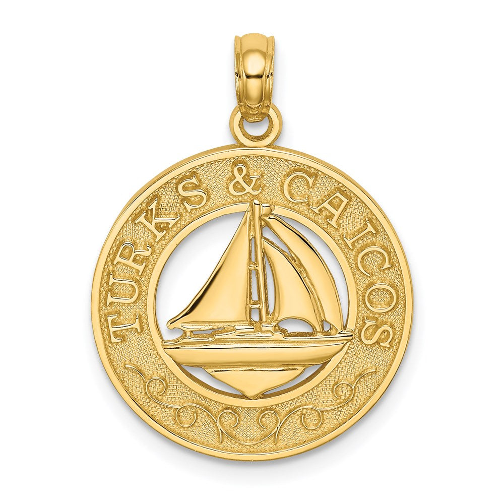 14k Yellow Gold TURKS AND CAICOS Circle w/ Sailboat Charm