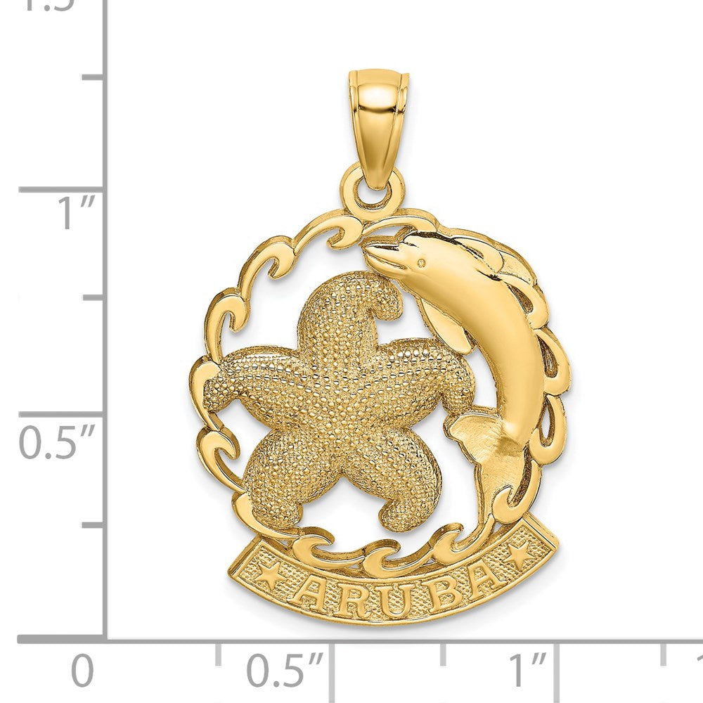 14k Yellow Gold ARUBA Under Starfish and Dolphin In Wave Charm